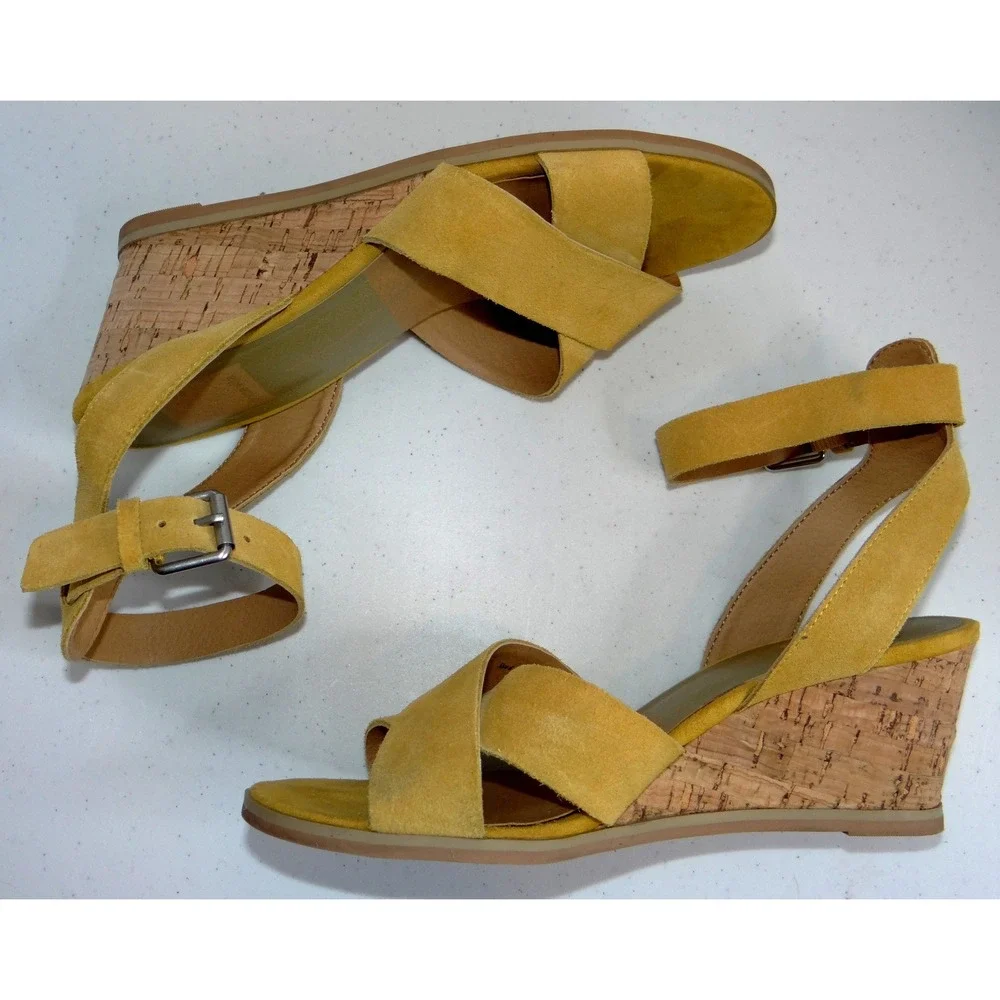 Dolce Vita Mustard Yellow‎ Suede Cork Wedge Ankle Strap Sandals Size 6